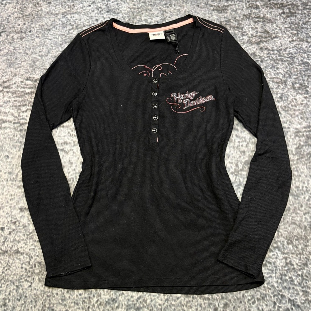 VTG Y2K Harley Davison Henley Thermal Shirt Long Sleeve Womens Large Wings Biker - Picture 2 of 8